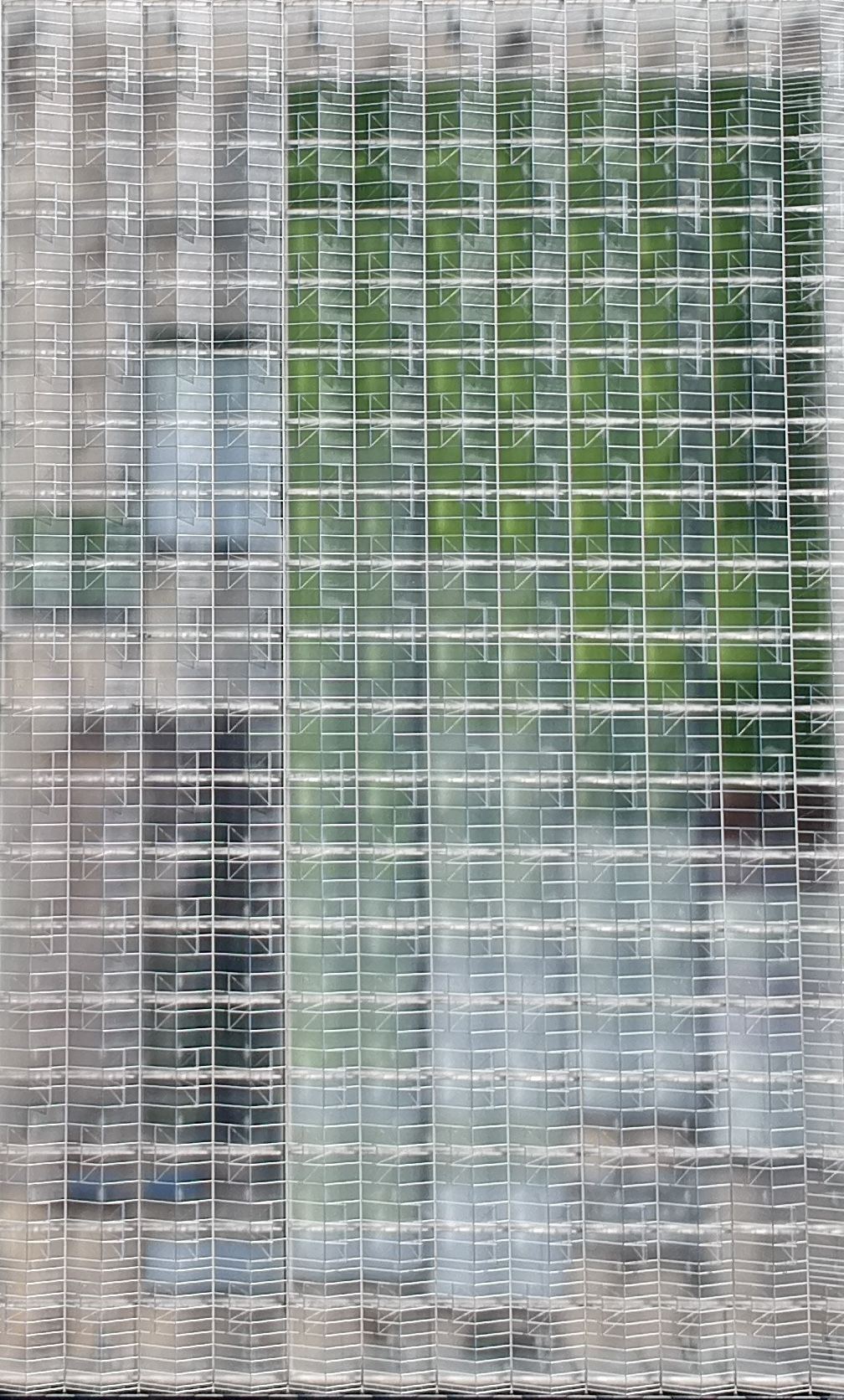 View through the greenhouse glass wall, with rows of crops glowing green inside